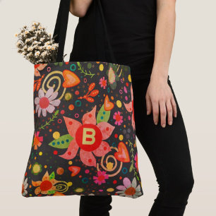 Tote Bag Inspirivée boho florale initiale rétro