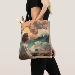 Tote Bag Intérieur surréaliste avec femme et chat