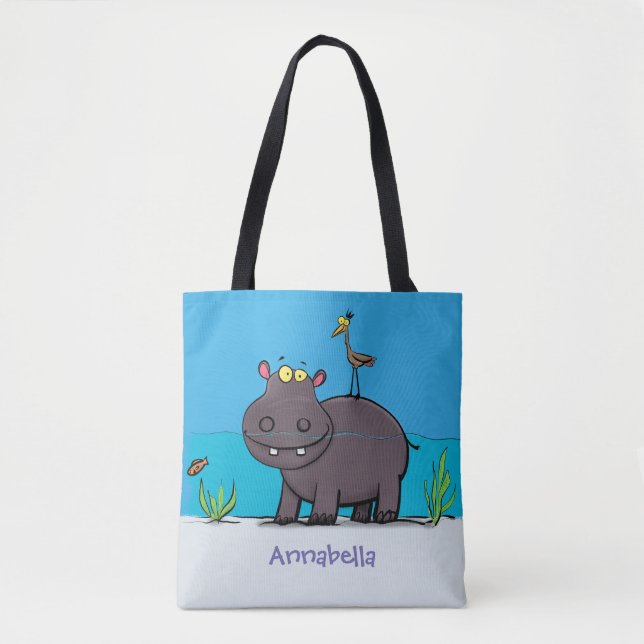 Tote Bag Ippopotame drôle mignon avec dessin animé d'oiseau (Devant)