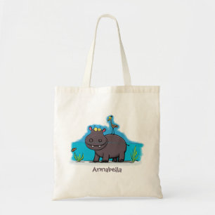 Tote Bag Ippopotame drôle mignon avec dessin animé d'oiseau