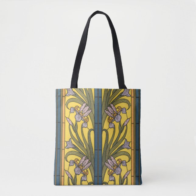 Tote Bag Iris Fleur Art Nouveau Vitrail Bleu Or (Devant)