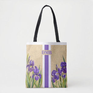 Tote Bag Iris Fleurs Monogram Faux Burlap Jute