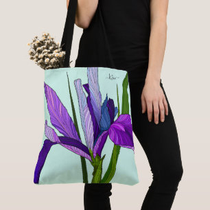 Tote Bag Iris pourpre sur menthe, Fleur personnalisée