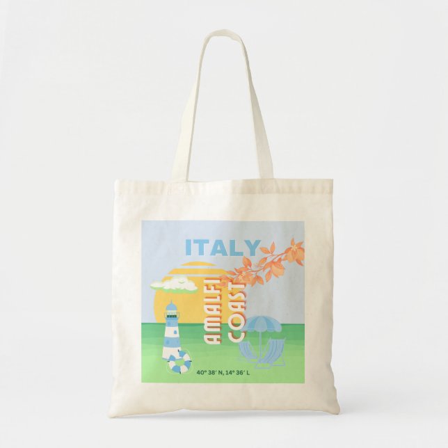 Tote Bag Italie Travel Art, Côte d'Amalfi, Preppy, Bleu (Devant)