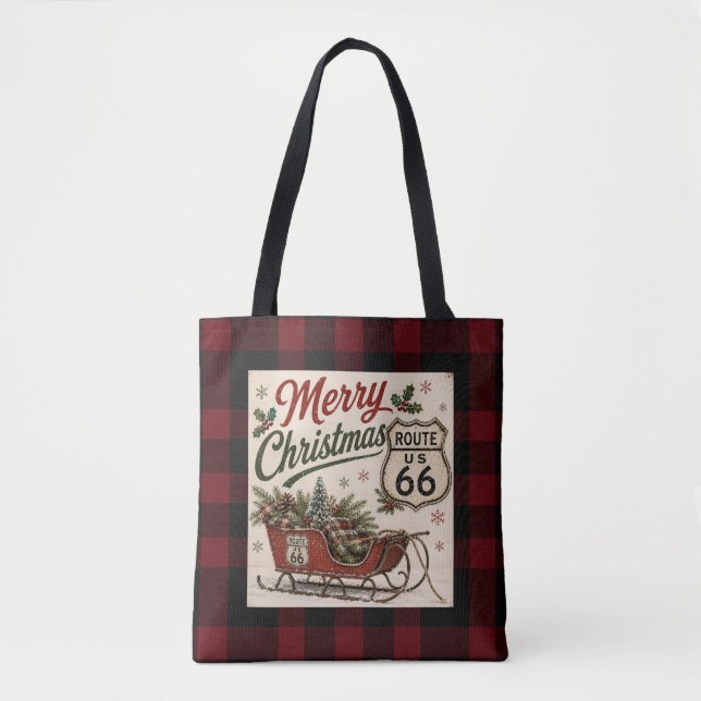 Tote Bag Itinéraire 66 de style Noël à carreaux de bison (Devant)