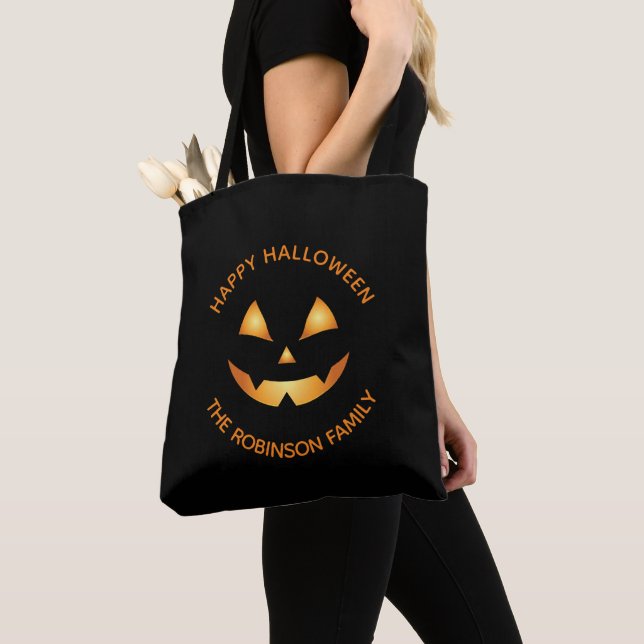 Tote Bag Jack-o'-lantern Orange Black Halloween Nom de fami (De près)