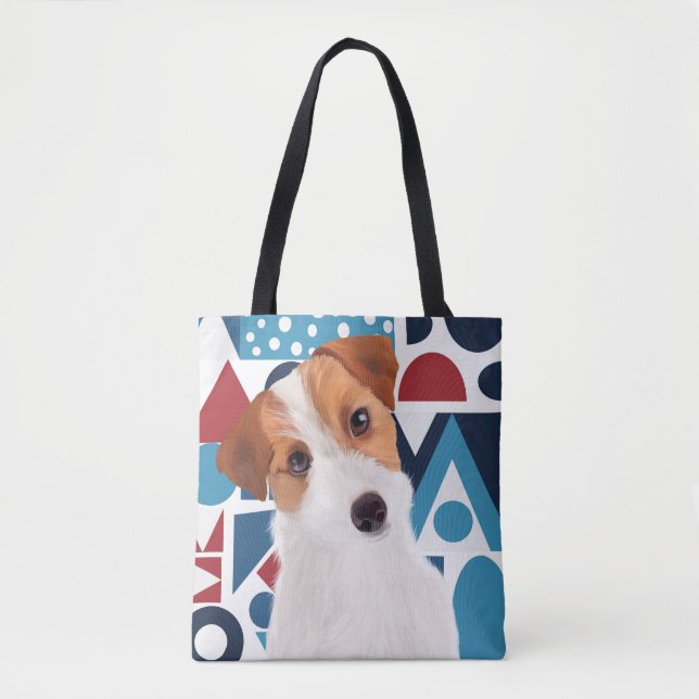Tote Bag Jack Russell Terrier Chien bleu et rouge géométriq (Devant)