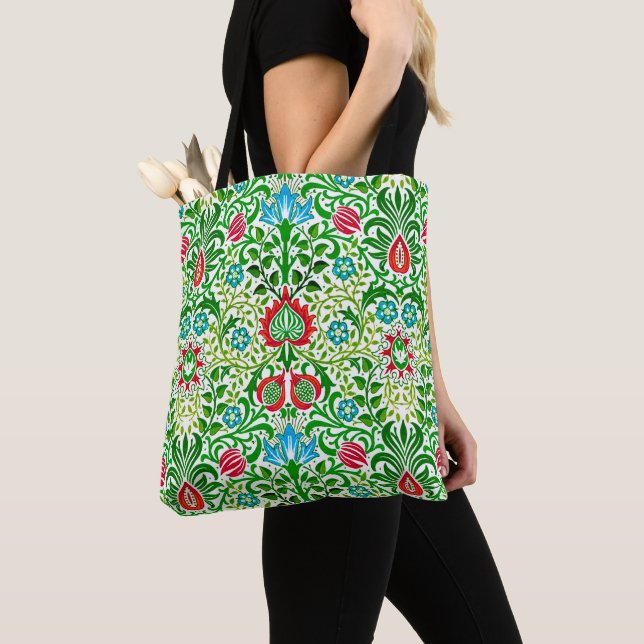 Tote Bag Jacobean Floral Damask, vert et corail rouge (De près)