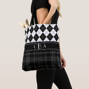 Tote Bag Jacquard noir et blanc et monogramme de Tartan