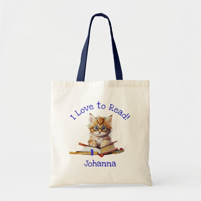 Tote Bag J'adore lire avec un chaton mignon (Devant)