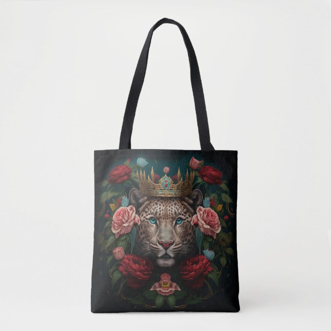 Tote Bag Jaguar with Crown in Flowers Painting              (Devant)
