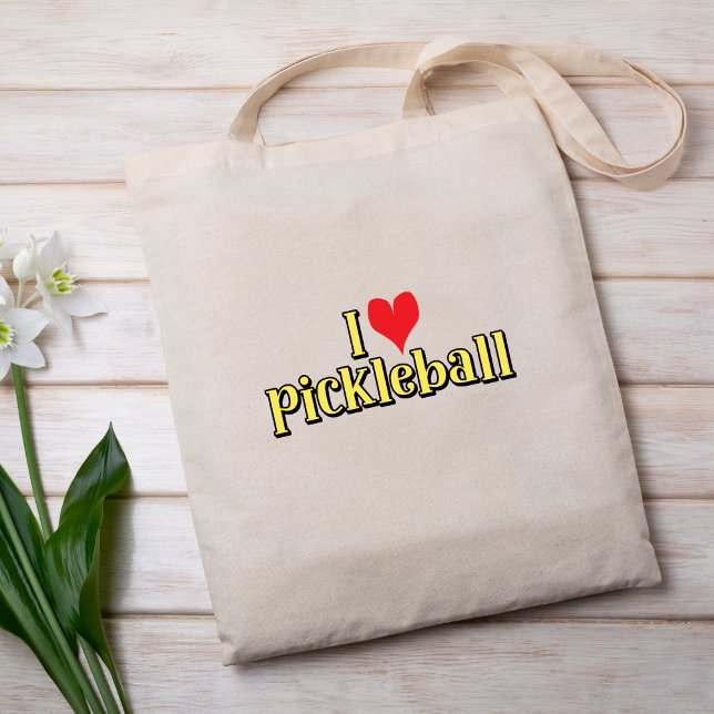 Tote Bag J'aime le pickleball Texte sur Jaune avec Coeur Ro (Créateur téléchargé)