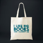 Tote Bag J'Aime Les Grands Livres<br><div class="desc">Lisez ! Ce sac plein d'humour est un objet qui plaira à tous les amateurs de livres. Cela fait aussi le cadeau parfait pour les bibliothécaires! Le sac contient une phrase drôle qui dit : "J'aime les gros livres et je ne peux pas mentir." Le texte est imprimé en bleu....</div>