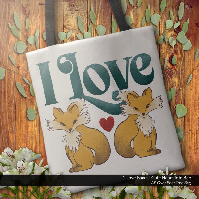 Tote Bag J'Aime Les Renards Mignons Coeur ("i Love Foxes" - Tote Bag with Cute Foxes and Heart Artwork.)