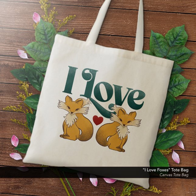 Tote Bag J'Aime Les Renards Mignons Coeur ("I Love Foxes" -  Canvas Tote Bag with Cute Foxes and Heart Artwork.)