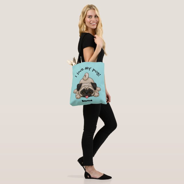 Tote Bag J'aime mon Carlin avec le nom de l'animal (Sur le modèle)