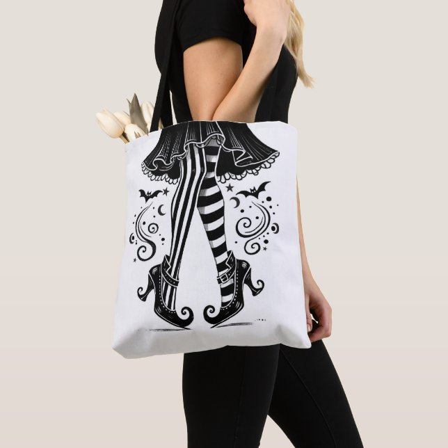 Tote Bag Jambes de sorcière noir et blanc Whimsical Hallowe (De près)