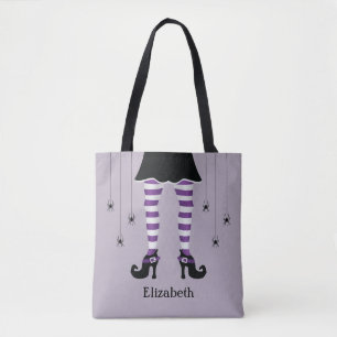 Tote Bag Jambes de sorcière violettes et araignées avec nom