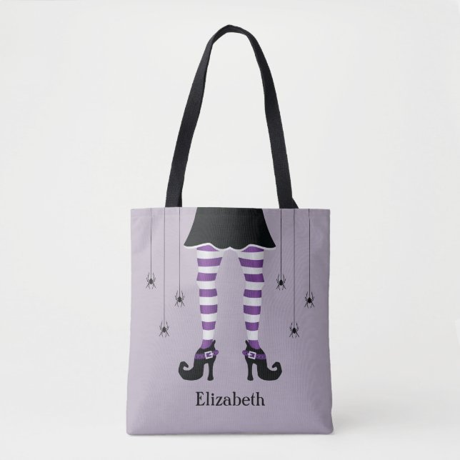 Tote Bag Jambes de sorcière violettes et araignées avec nom (Devant)
