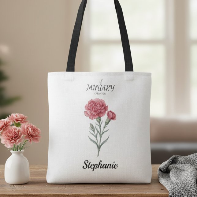 Tote Bag January Birthday Gift Carnation Birth Flower Art (January birth month flower carnation birthday tote bag)