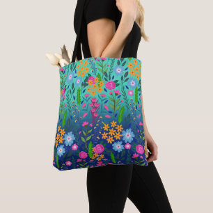 Tote Bag Jardin à fleurs de couleur bleue