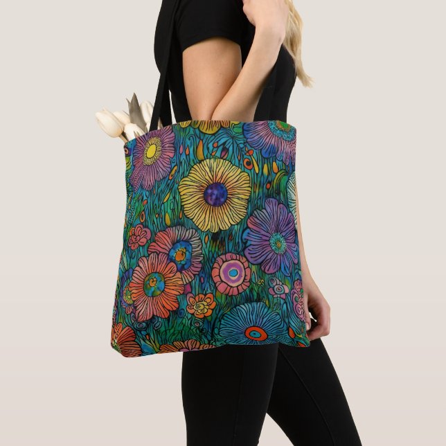Tote Bag Jardin à fleurs rétro coloré (De près)