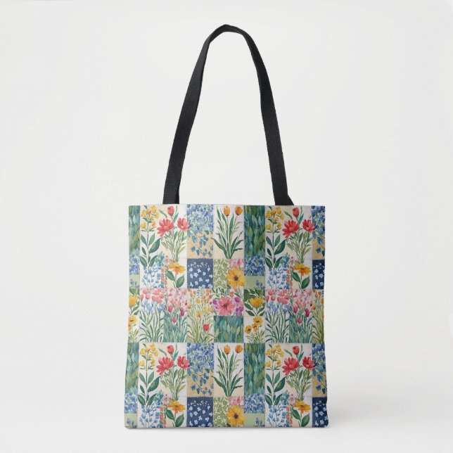 Tote Bag Jardin Botanique Floral Patchwork Rustique Joli (Devant)