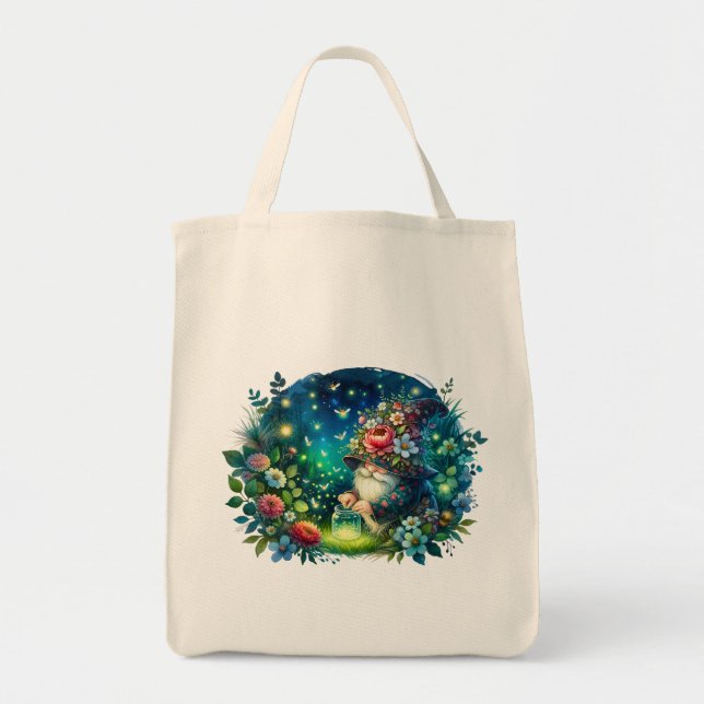 Tote Bag Jardin d'aquarelle confortable Gnome et lucioles (Devant)