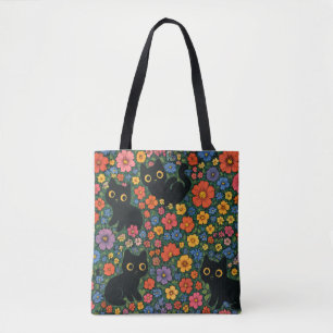 Tote Bag Jardin d'art Kawaii Motif floral de chat noir mi