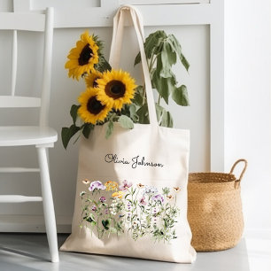 Tote Bag Jardin de fleurs sauvages à aquarelle monogrammé