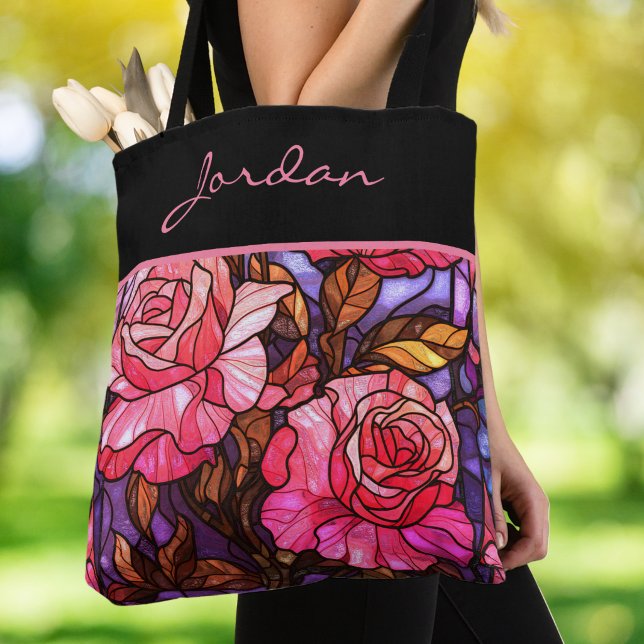 Tote Bag Jardin de roses roses vitrail monogramme (Créateur téléchargé)