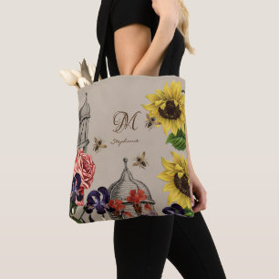 Tote Bag Jardin floral de ruche Vintage rustique avec Monog