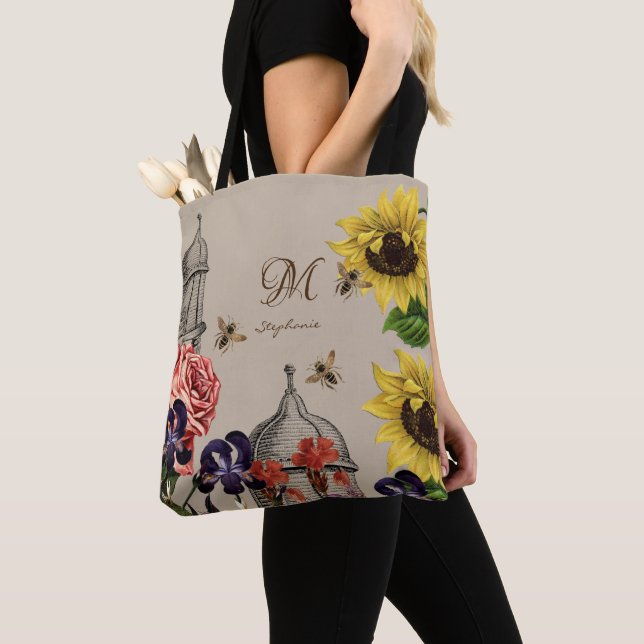 Tote Bag Jardin floral de ruche Vintage rustique avec Monog (De près)