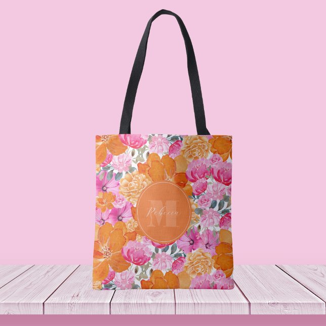Tote Bag Jardin floral rose et orange vibre Nom personnalis (Créateur téléchargé)