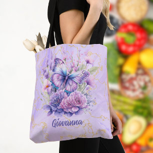 Tote Bag Jardin florissant de papillons pourpres