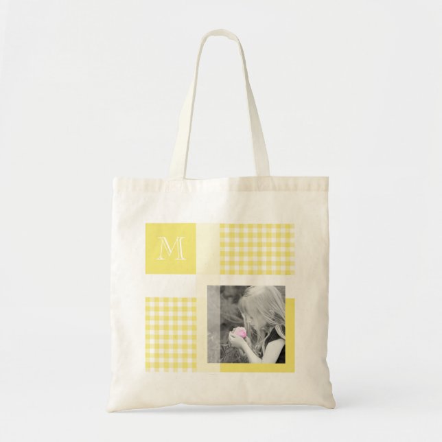 Tote Bag Jaune Ajoutez Votre Photo En vichy Monogramme Mode (Devant)