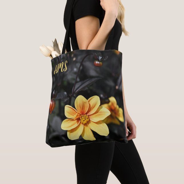 Tote Bag Jaune Dahlia Fleurs Wisley Gardens Monogramme (De près)
