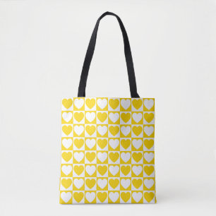 Tote Bag Jaune d'or et À damiers blanc aux coeurs