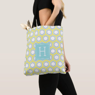 Tote Bag Jaune et Aqua Motif géométrique et Monogramme