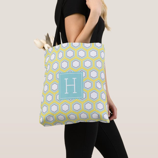 Tote Bag Jaune et Aqua Motif géométrique et Monogramme (De près)