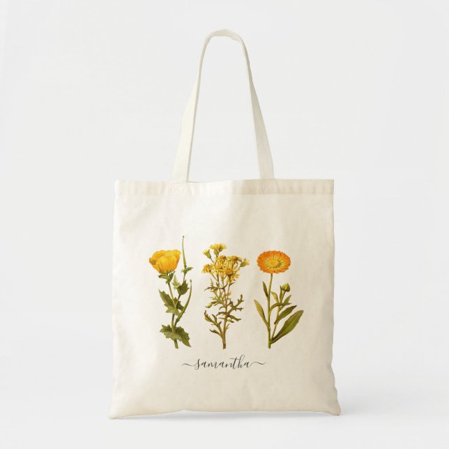 Tote Bag Jaune Floral Botanique Vintage Personnalisé (Devant)