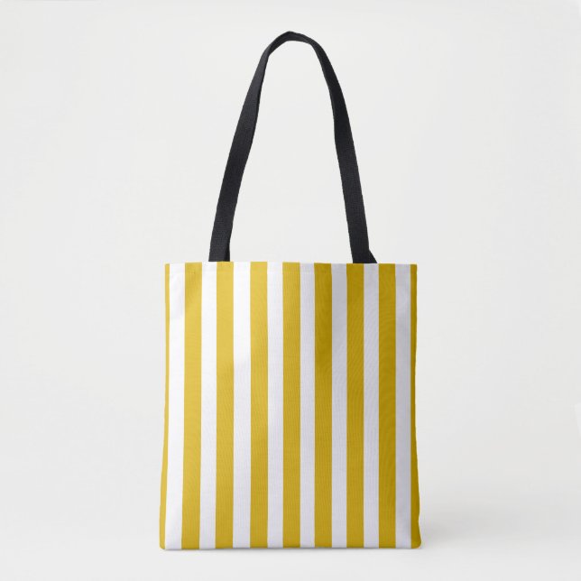 Tote Bag Jaune Moutarde et Rayures Verticales Blanches (Devant)