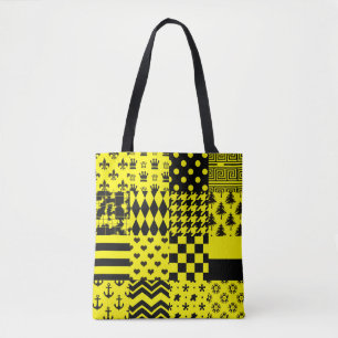 Tote Bag Jaune Noir Mixte Conception Motif Patchwork
