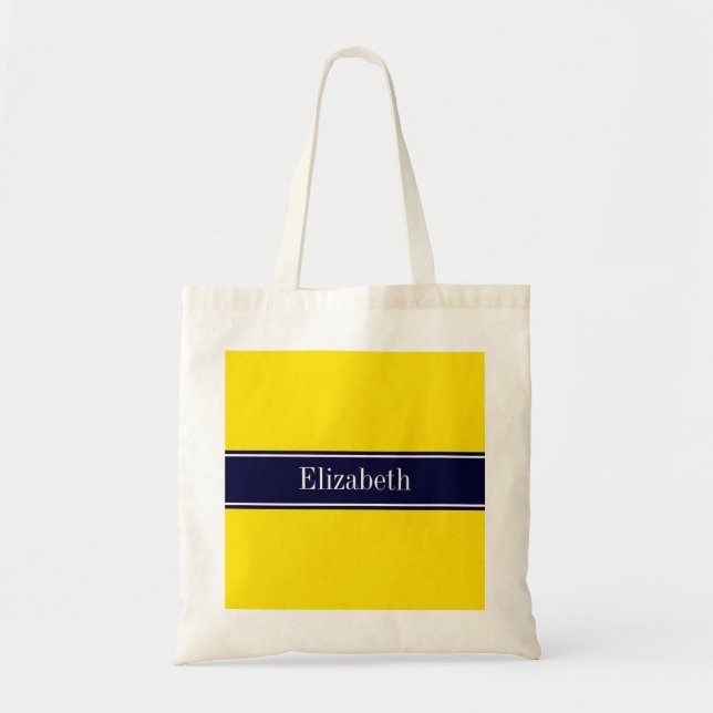 Tote Bag Jaune uni, bleu marine Nom du ruban Monogramme (Devant)