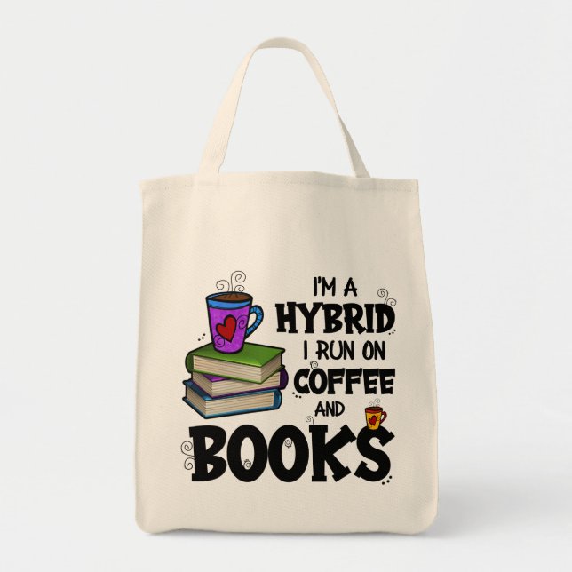 Tote Bag Je suis un hybride je cours sur le café et les liv (Devant)