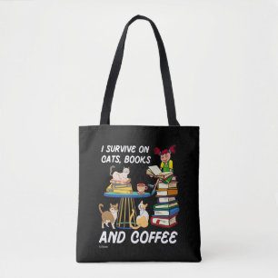 Tote Bag JE SURVIVE SUR LES CHATS, LIVRES ET CAFÉ drôle cha