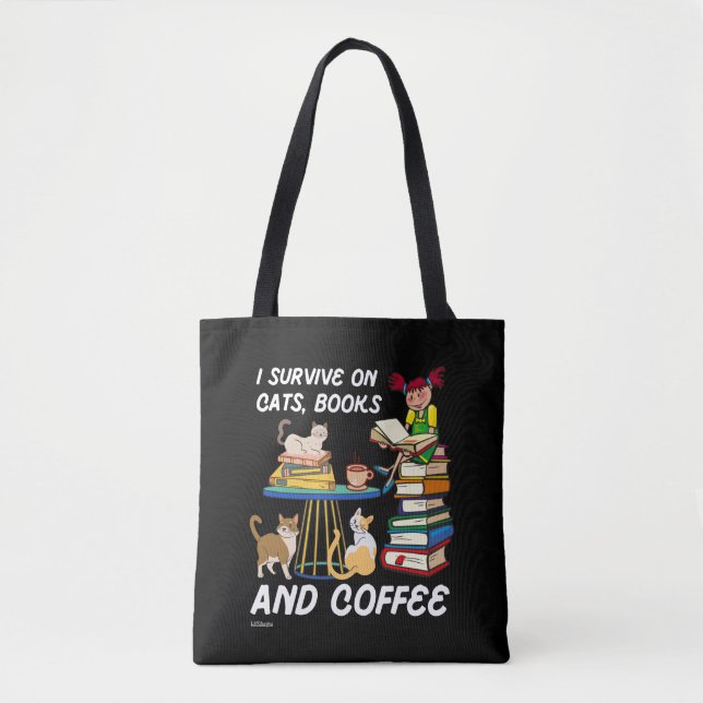 Tote Bag JE SURVIVE SUR LES CHATS, LIVRES ET CAFÉ drôle cha (Devant)
