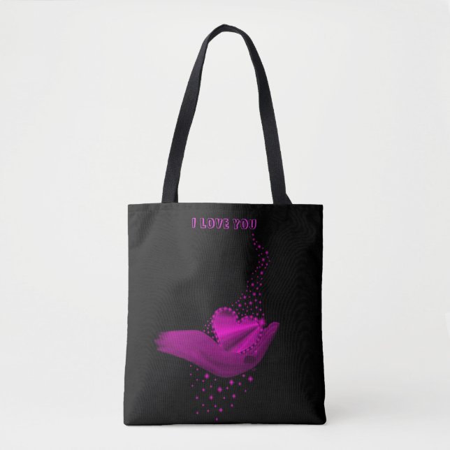Tote Bag Je t'aime, Coeur arc-en-ciel rose avec étoiles (Devant)