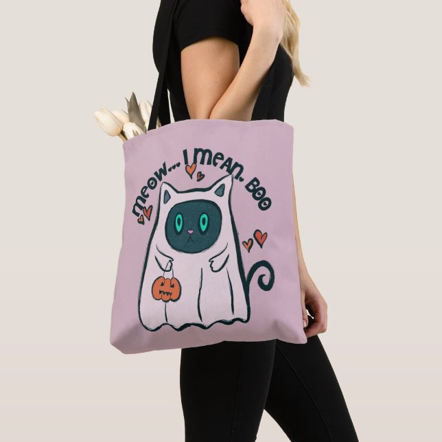 Tote Bag Je Veux Dire Boo Chat Fantôme Violet Halloween (De près)