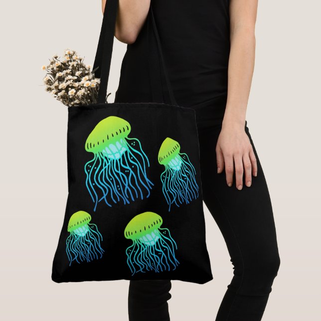 Tote Bag Jellyfish - Designer Jellies Neon Green Jelly Fish (De près)